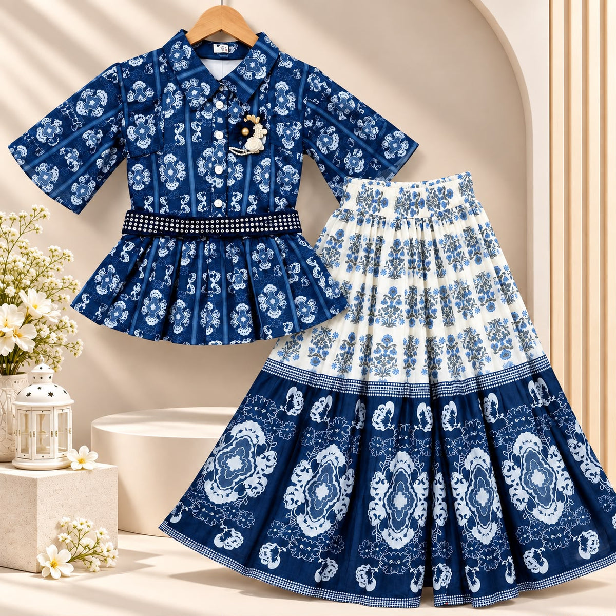 Girls Western White & Blue Printed Top & Flared Palazzo Set