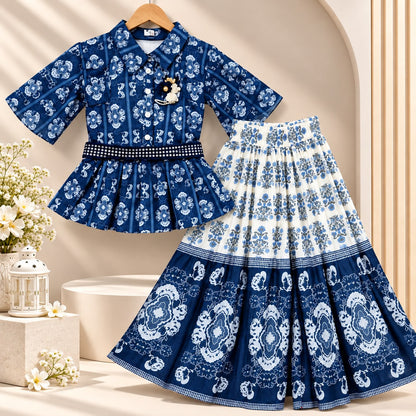 Girls Western White & Blue Printed Top & Flared Palazzo Set