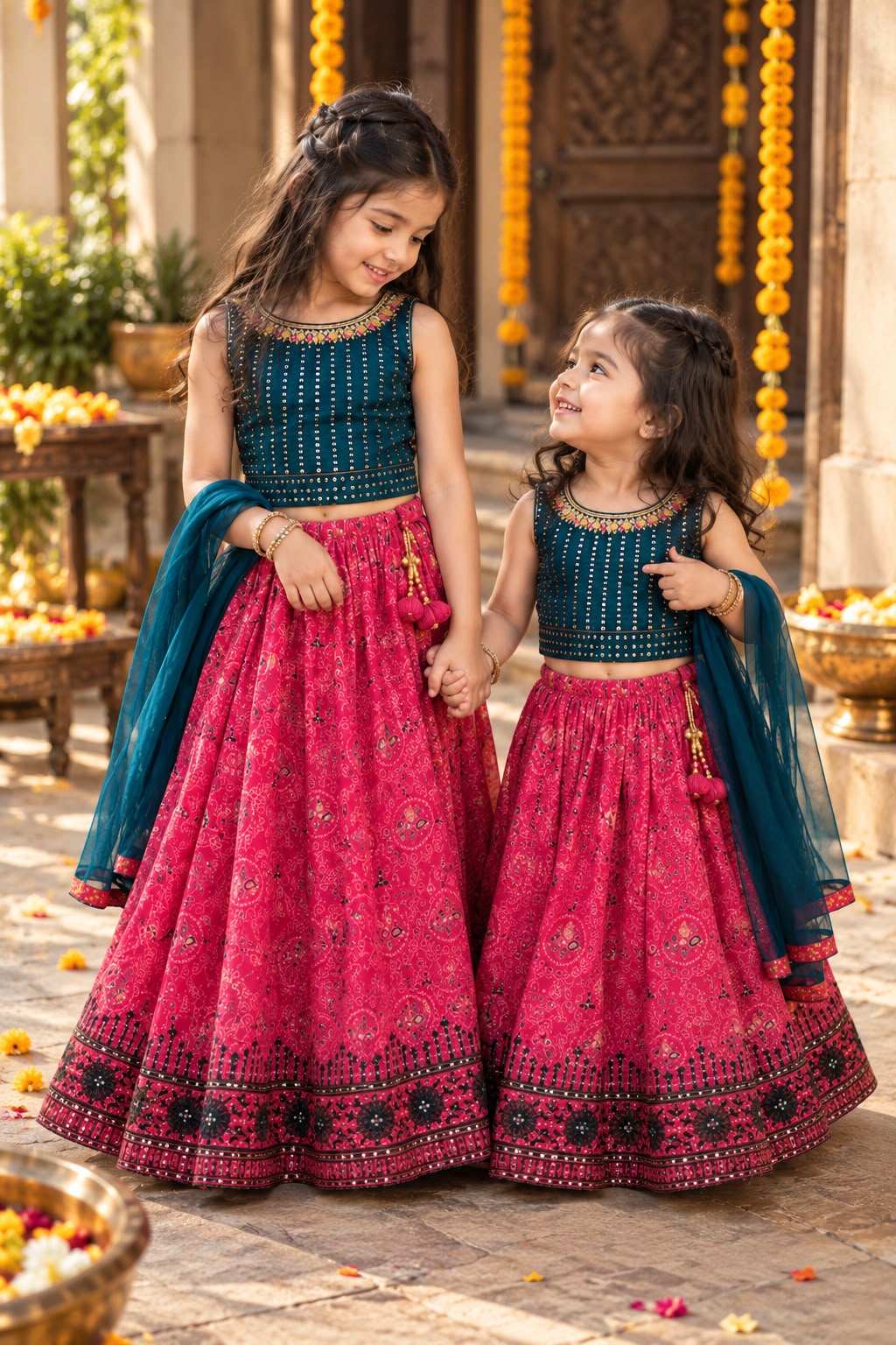 Girls Pink & Rama Green Printed Ethnic Lehenga Choli Set (4-7Y)