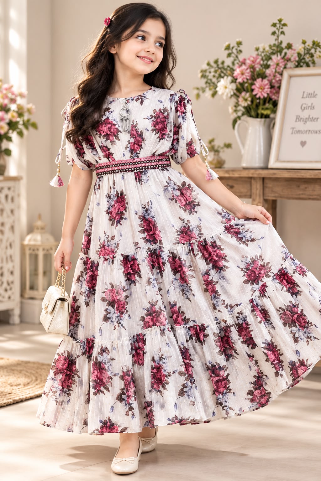 Girls White Floral Printed Flared Long Western Dress (7-10Y)