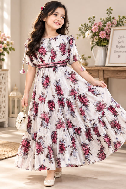 Girls White Floral Printed Flared Long Western Dress (7-10Y)