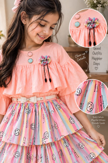 Girls Designer Pink Tiered Frill Dress with Complimentary Leggings