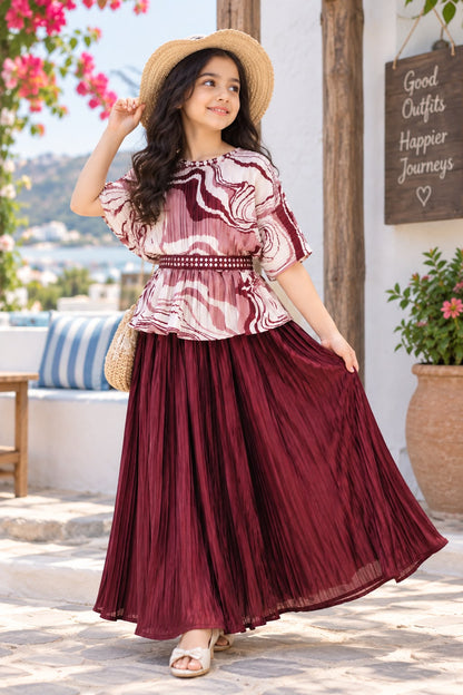 Girls Maroon Indo-Western Top & Layered Flared Skirt Set (7-9Y)