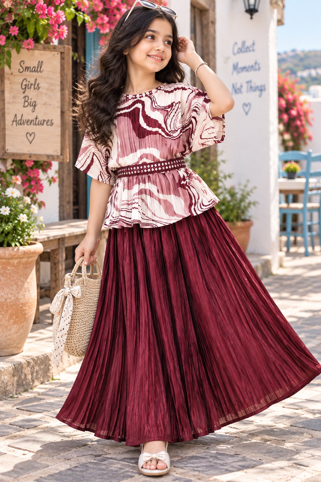 Girls Maroon Indo-Western Top & Layered Flared Skirt Set (7-9Y)