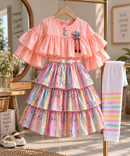 Girls Designer Pink Tiered Frill Dress with Complimentary Leggings