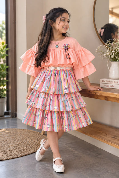 Girls Designer Pink Tiered Frill Dress with Complimentary Leggings