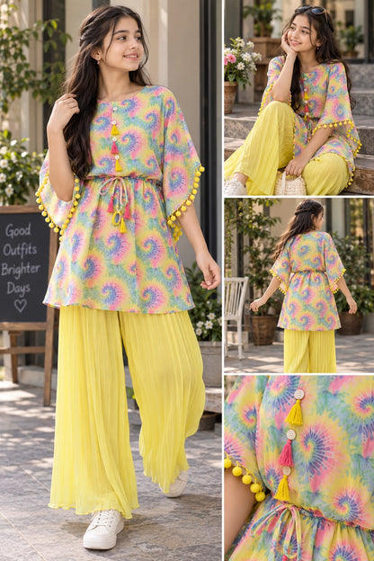 Girls Lemon Yellow Layered Peplum Top & Wide-Leg Palazzo Co-ord Set | Sizes 8-10Y