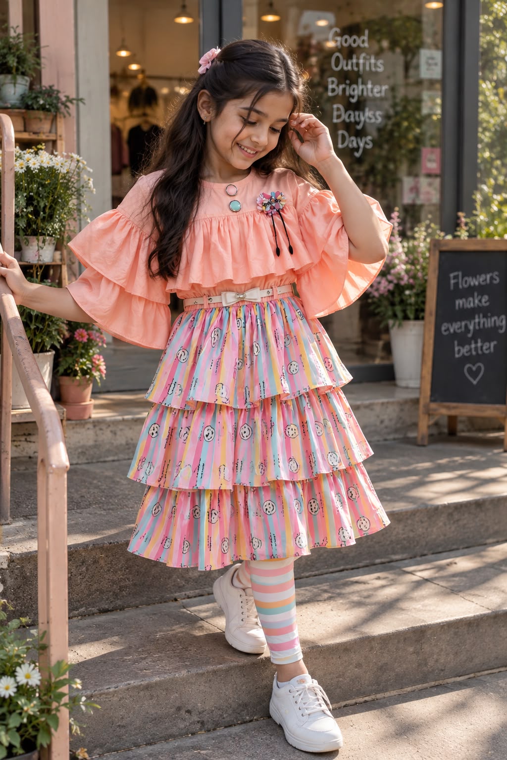 Girls Designer Pink Tiered Frill Dress with Complimentary Leggings