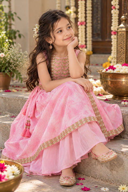 Girls Baby Pink Embellished Naira Cut Kurta & Flared Palazzo Set | Sizes 4-12Y+