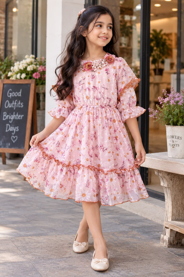 Girls Peach & Light Brown Layered Dress with Complimentary Leggings | Sizes 2-12Y+