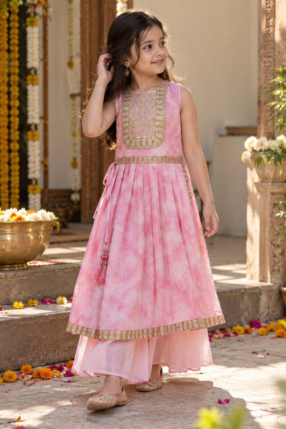 Girls Baby Pink Embellished Naira Cut Kurta & Flared Palazzo Set | Sizes 4-12Y+