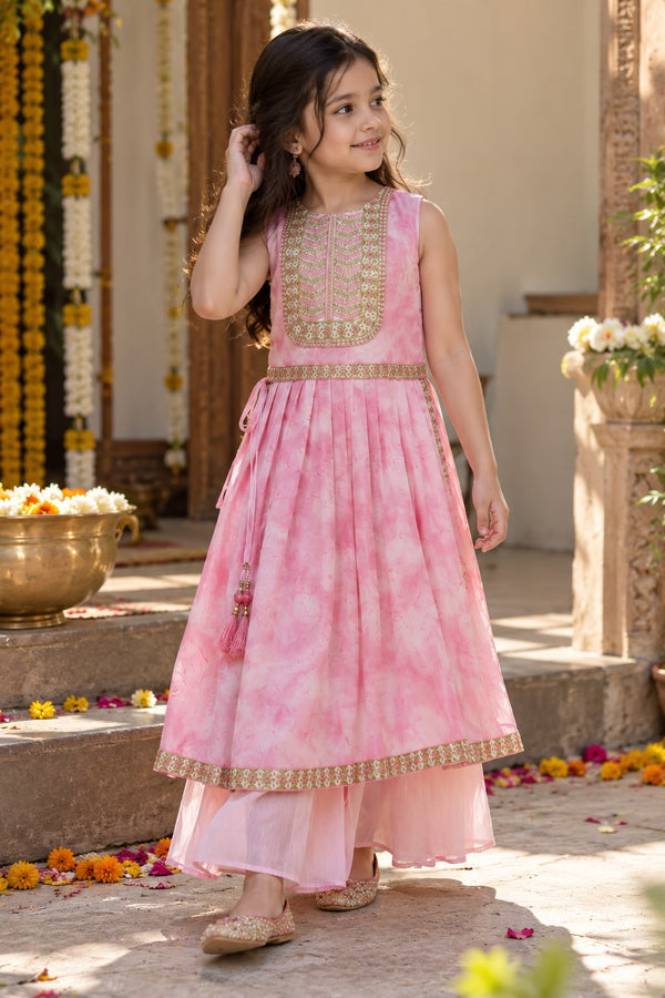 Girls Baby Pink Embellished Naira Cut Kurta & Flared Palazzo Set | Sizes 4-12Y+