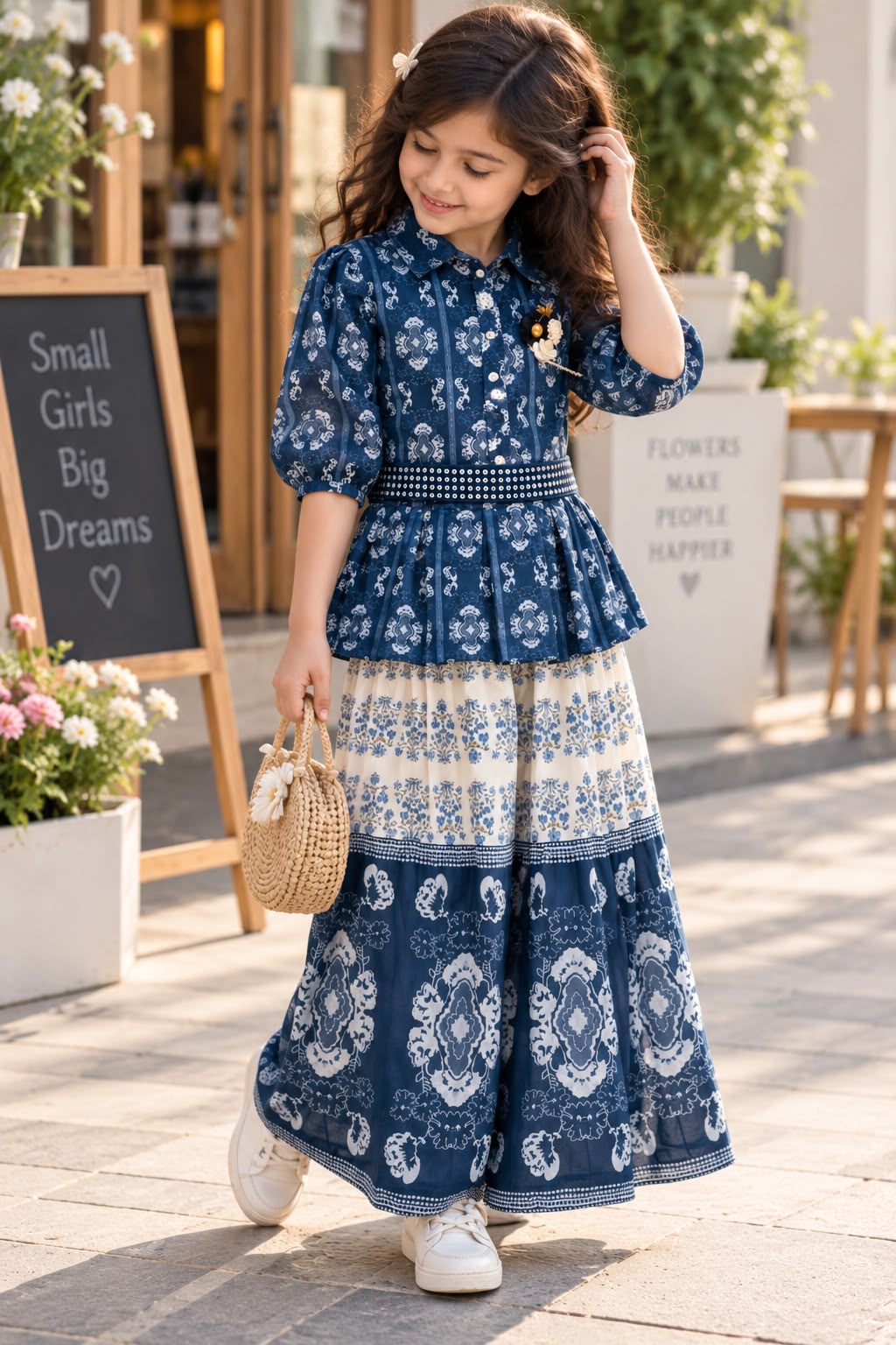 Girls Western White & Blue Printed Top & Flared Palazzo Set