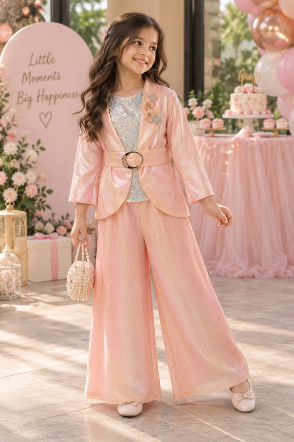 Girls Pink 3-Piece Western Partywear Palazzo Set (4-9Y)