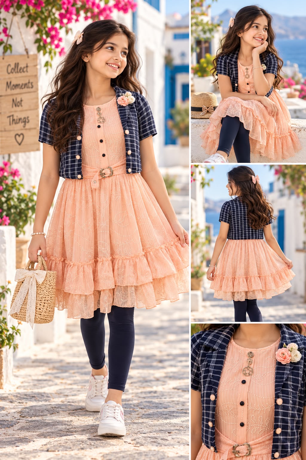 Girls Peach & Blue 3-Piece Western Dress with Jacket & Leggings (7-9Y)