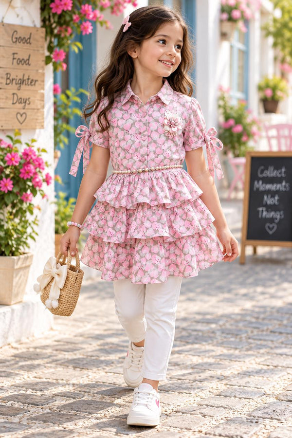 Girls Pink Frill Top & White Legging Set (5-8Y)