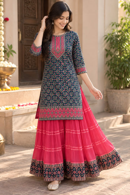 Women & Teens Pink & Navy Blue Indo-Western Long Top & Skirt Set