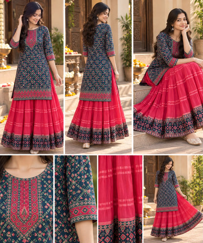 Women & Teens Pink & Navy Blue Indo-Western Long Top & Skirt Set