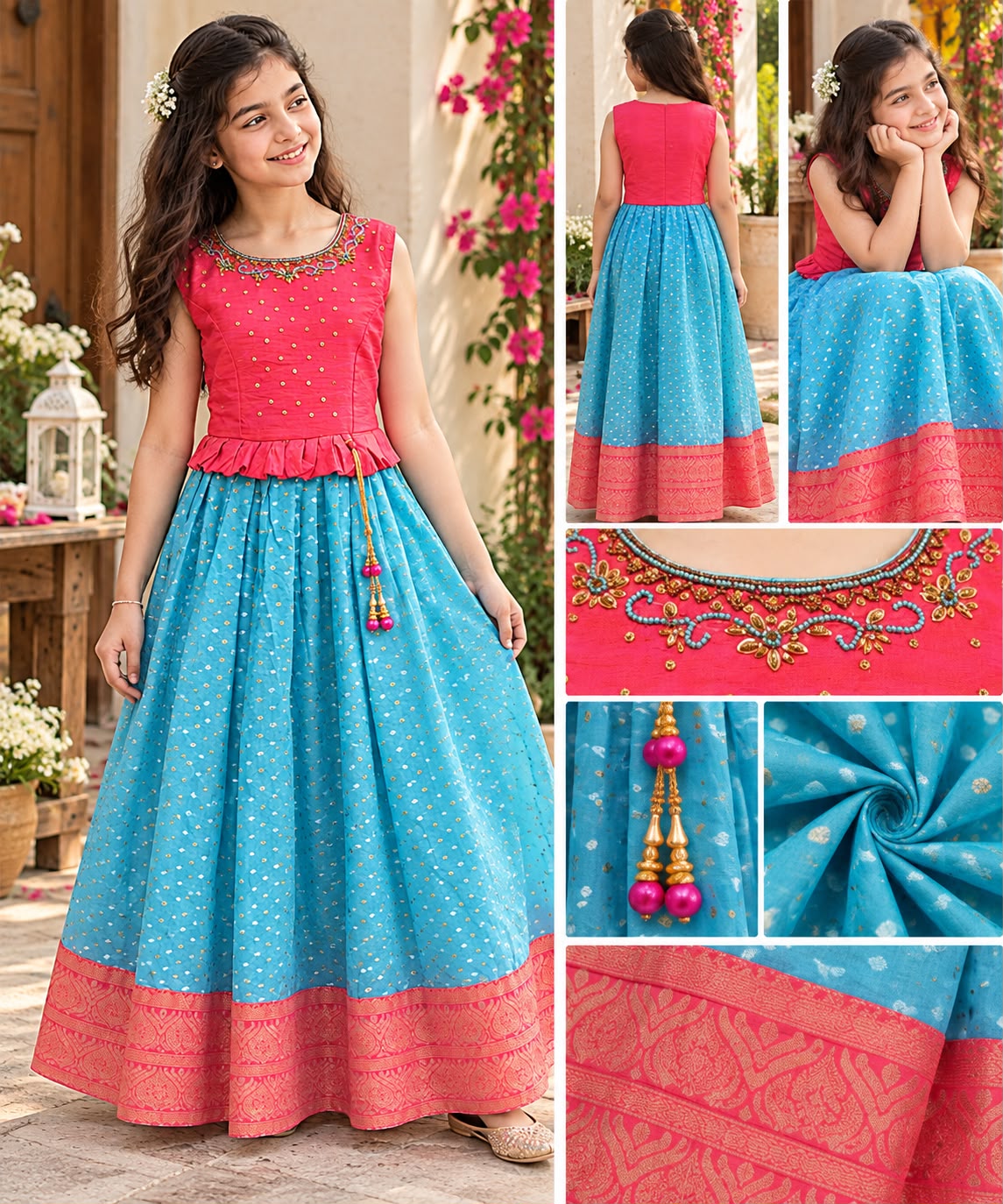Girls Sky Blue & Pink Festive Ethnic Frock Gown (Teen Girls)