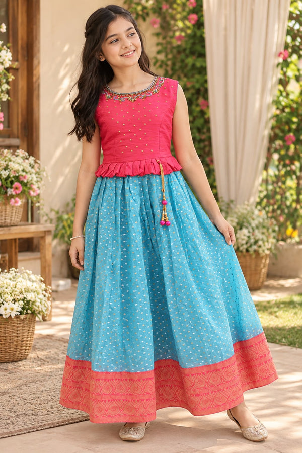 Girls Sky Blue & Pink Festive Ethnic Frock Gown (Teen Girls)