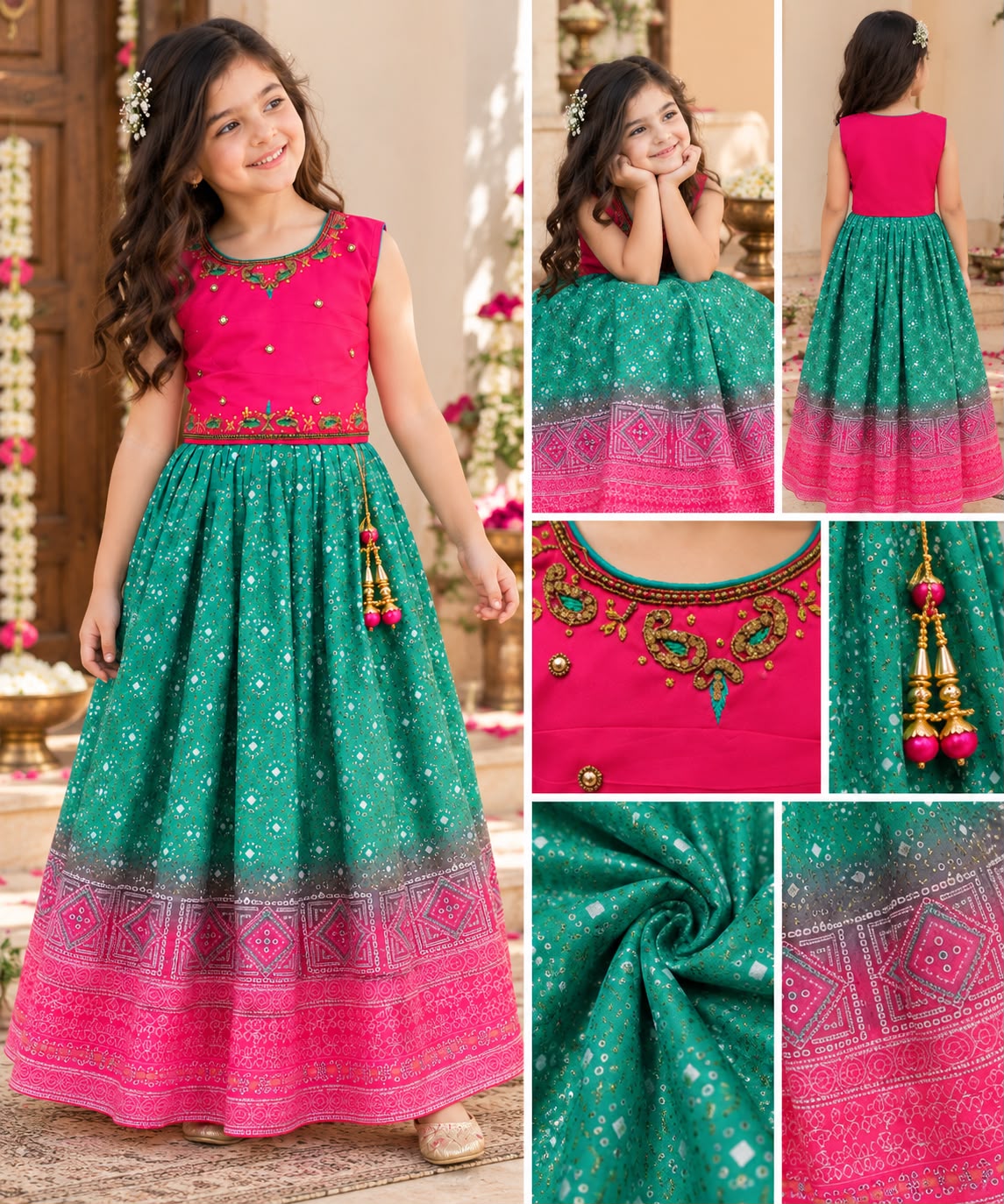 Girls Pink & Green Ethnic Festive Frock Gown (4-7Y)