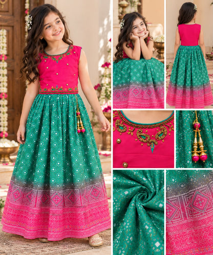 Girls Pink & Green Ethnic Festive Frock Gown (4-7Y)