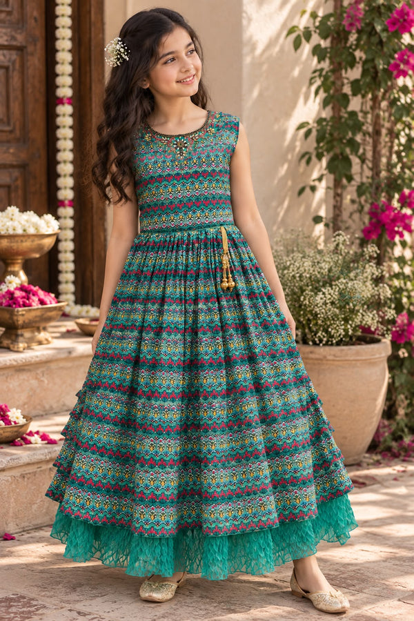 Girls Teal Blue Printed Ethnic Festive Frock Gown (10-12Y+)