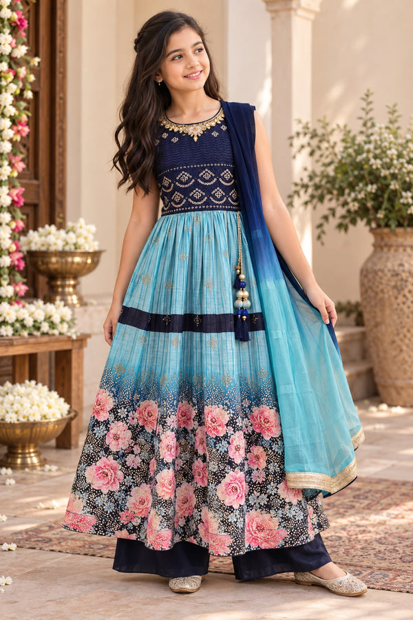 Girls Blue Naira Cut Sharara Suit Set with Dupatta (5-10Y)