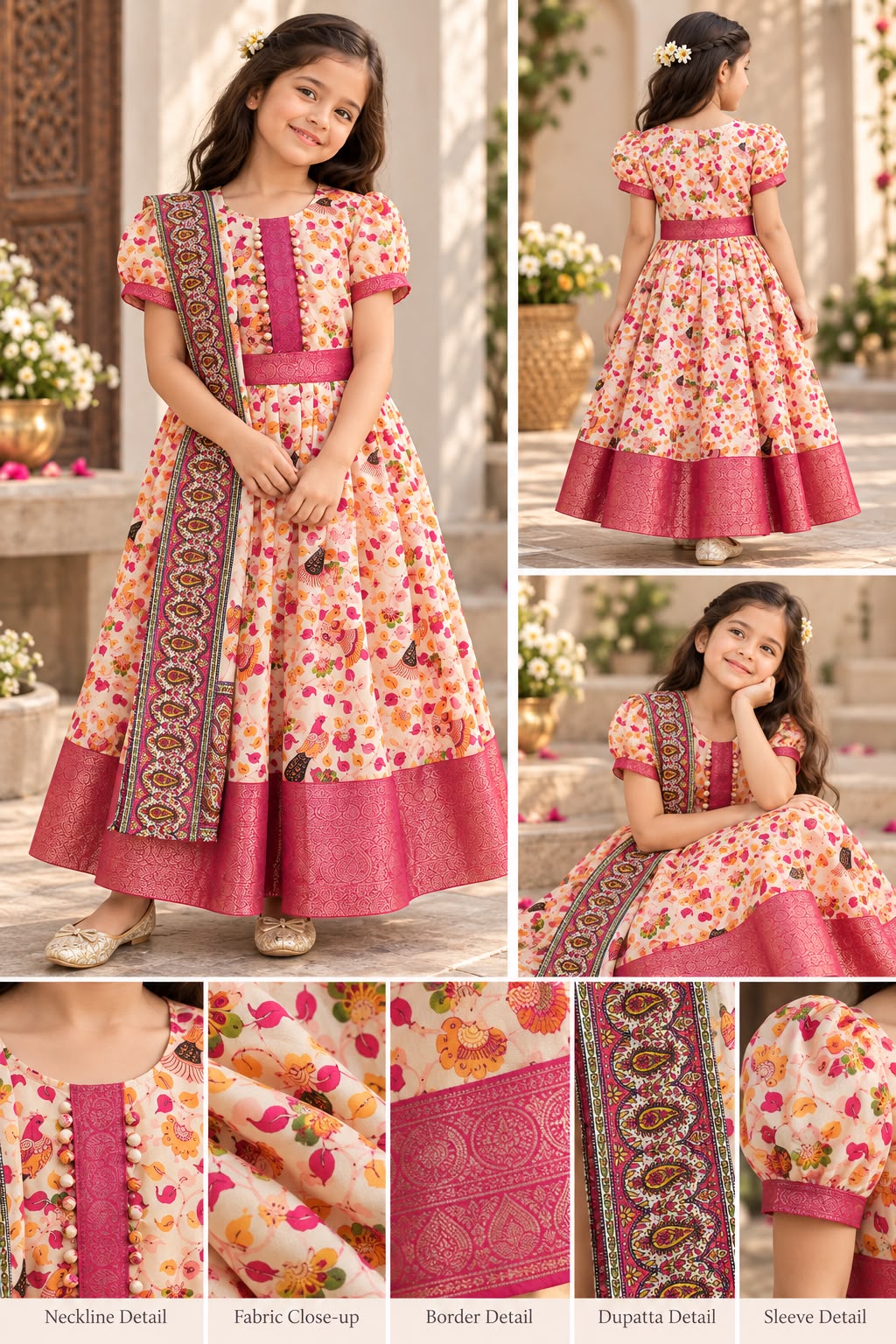 Girls Kalamkari Printed Ethnic Festive Frock Gown with Dupatta (5-9Y)