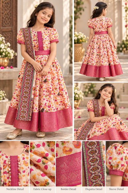 Girls Kalamkari Printed Ethnic Festive Frock Gown with Dupatta (5-9Y)