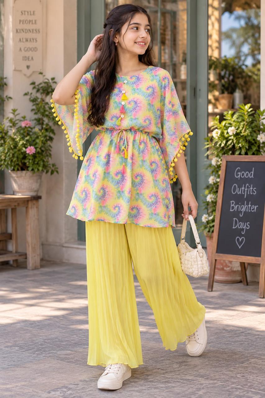 Girls Lemon Yellow Layered Peplum Top & Wide-Leg Palazzo Co-ord Set | Sizes 8-10Y