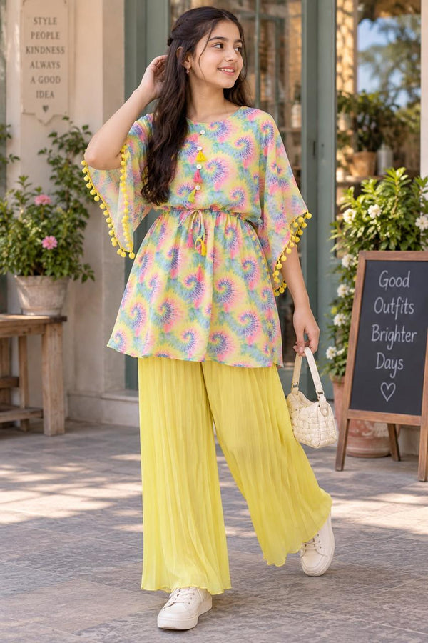 Girls Lemon Yellow Layered Peplum Top & Wide-Leg Palazzo Co-ord Set | Sizes 8-10Y