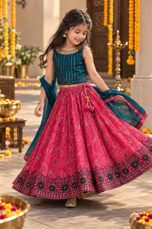 Girls Pink & Rama Green Printed Ethnic Lehenga Choli Set (4-7Y)