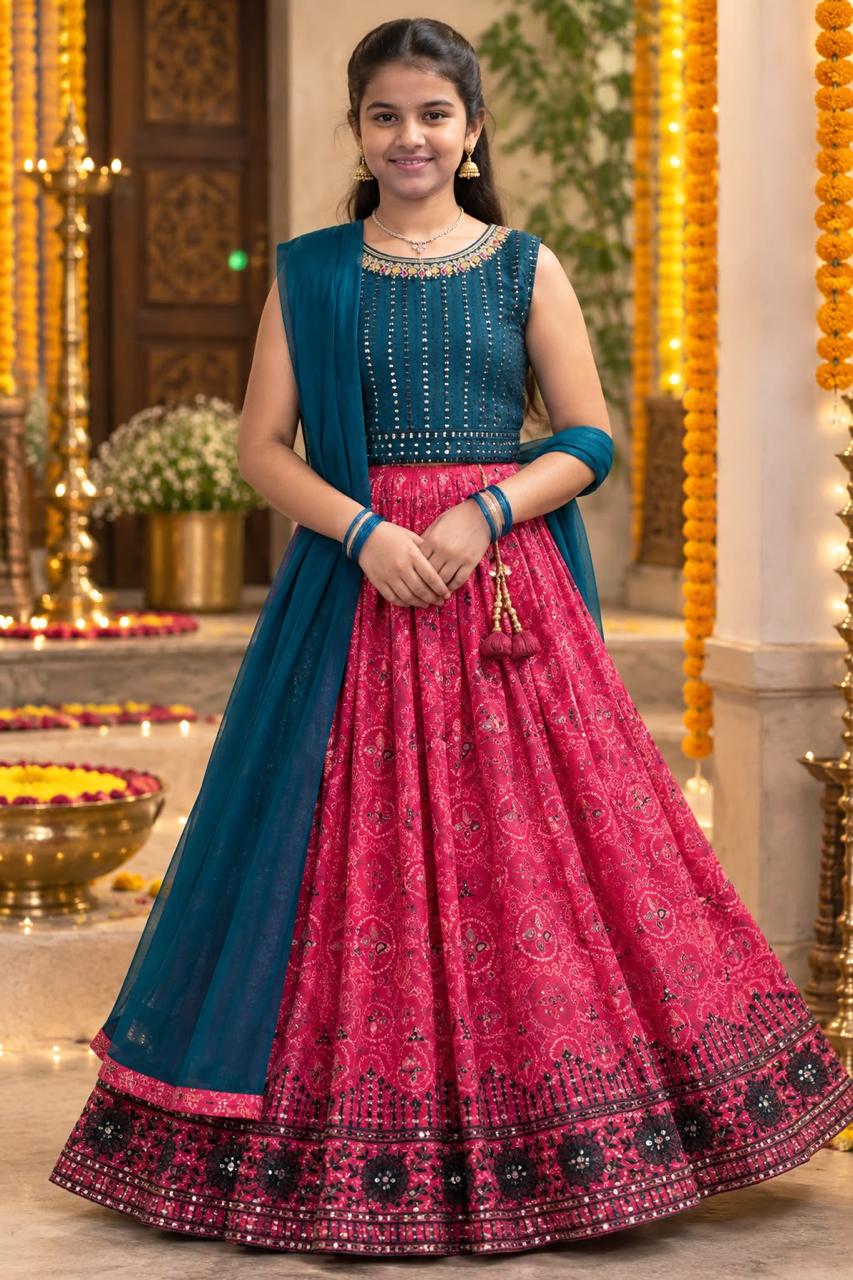 Girls Pink & Rama Green Printed Ethnic Lehenga Choli Set (4-7Y)