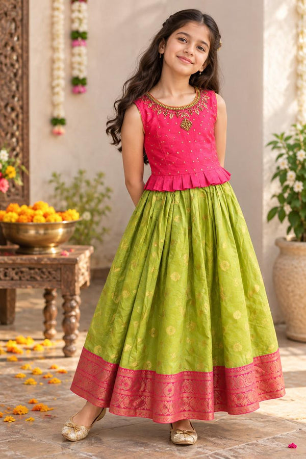 Girls Chanderi Cotton Light Green & Pink Ethnic Festive Frock Gown (9-12Y)