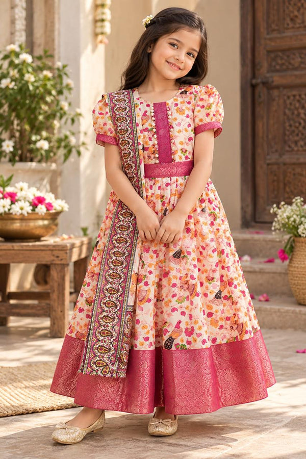 Girls Kalamkari Printed Ethnic Festive Frock Gown with Dupatta (5-9Y)
