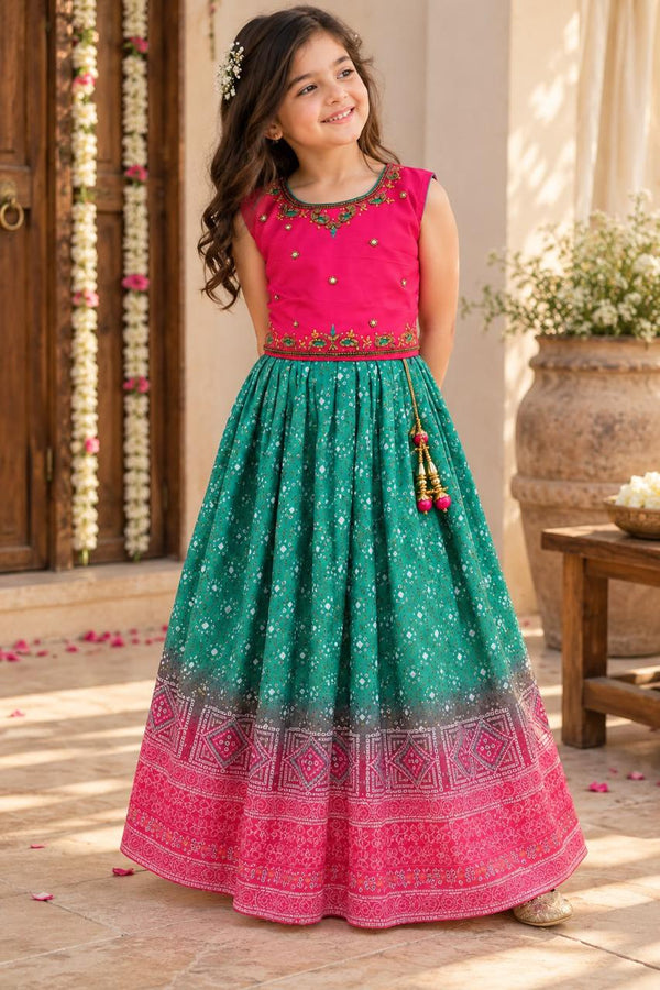 Girls Pink & Green Ethnic Festive Frock Gown (4-7Y)