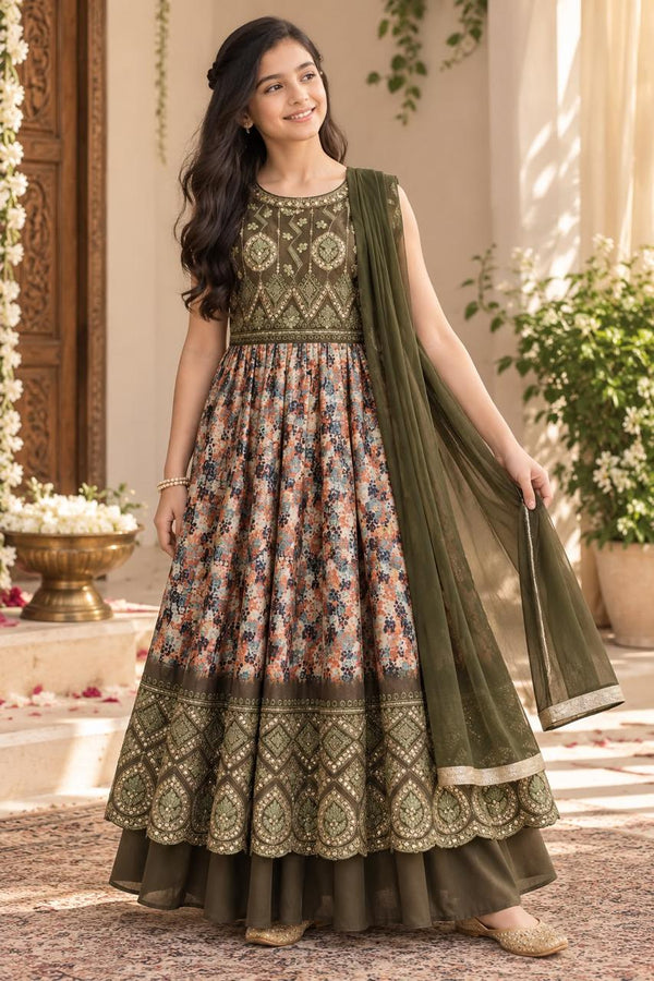 Girls Mehandi Green Naira Cut Sharara Suit Set with Dupatta (5-12Y)