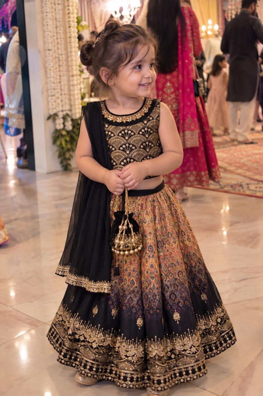 Girls Black & Gold Embroidered Lehenga Choli Set with Dupatta (1-4Y)