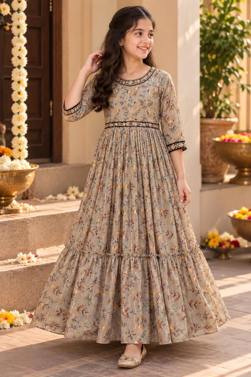 Girls Soft Silk Printed Long Ethnic Gown Dress (5-12Y)