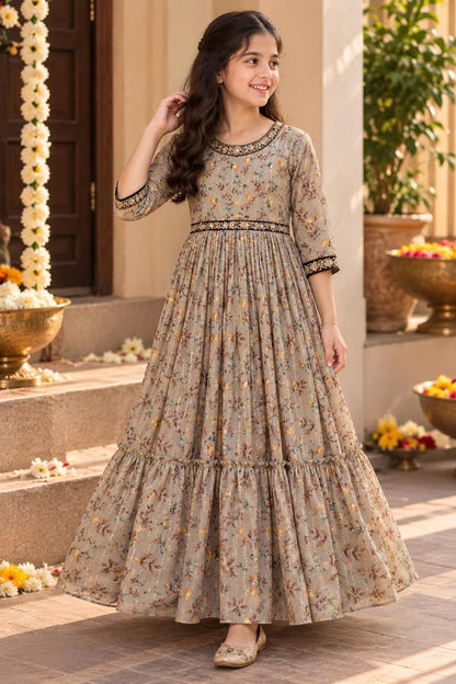 Girls Soft Silk Printed Long Ethnic Gown Dress (5-12Y)