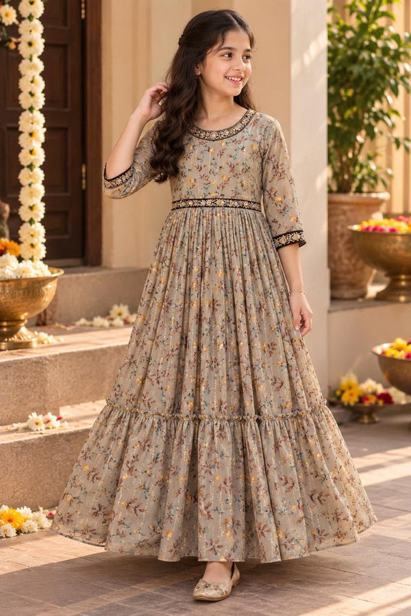 Girls Soft Silk Printed Long Ethnic Gown Dress (5-12Y)