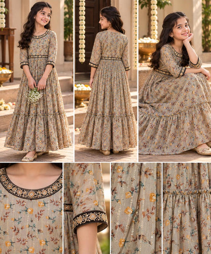 Girls Soft Silk Printed Long Ethnic Gown Dress (5-12Y)