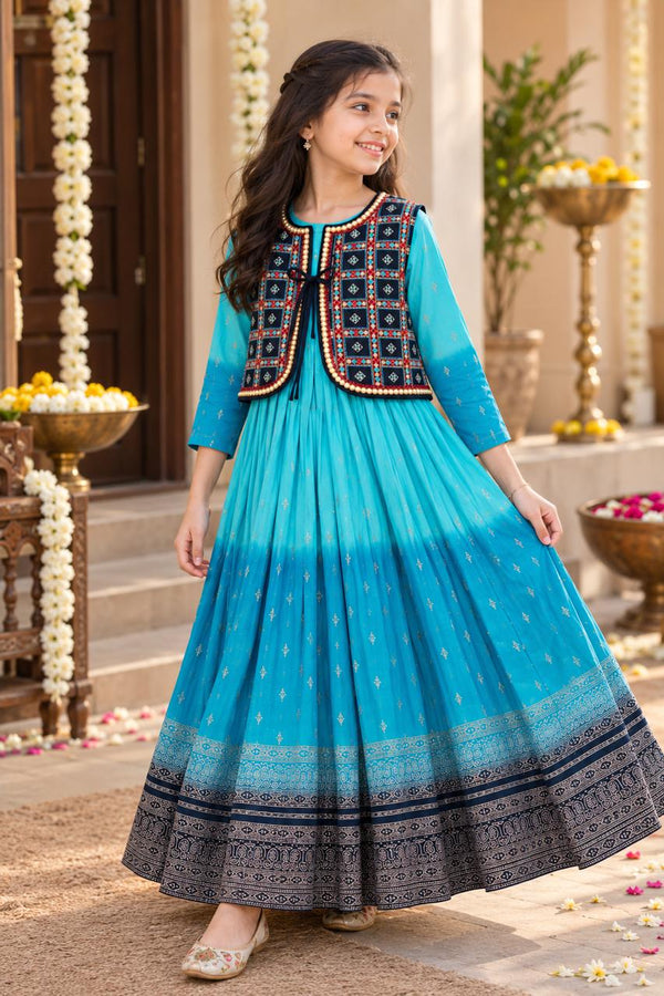 Girls Blue Shaded Ethnic Frock Dress with Embroidered Jacket
