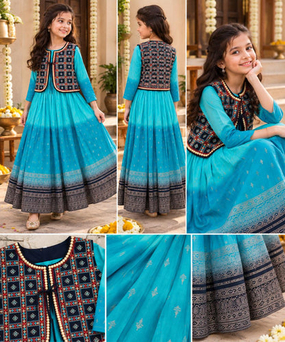 Girls Blue Shaded Ethnic Frock Dress with Embroidered Jacket