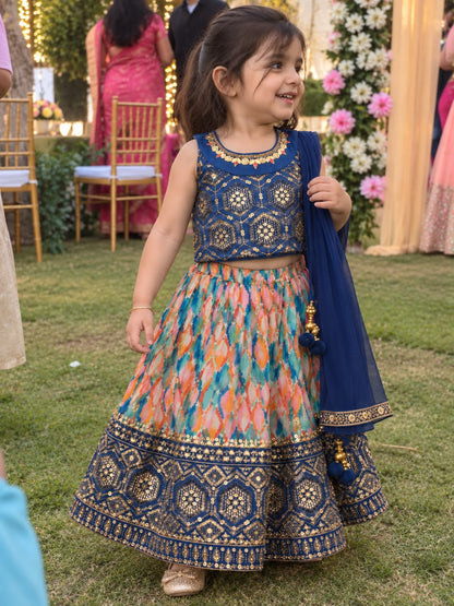 Girls Blue & Rainbow Multi-Color Ethnic Lehenga Choli Set with Dupatta (1-2Y)