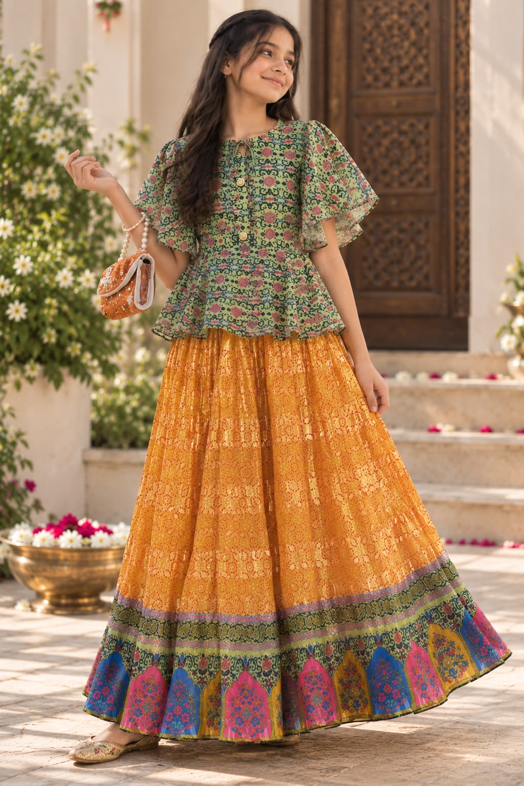 Girls Green & Yellow Printed Top & Flared Skirt Set (9-12Y)