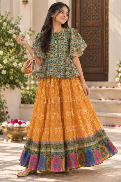 Girls Green & Yellow Printed Top & Flared Skirt Set (9-12Y)