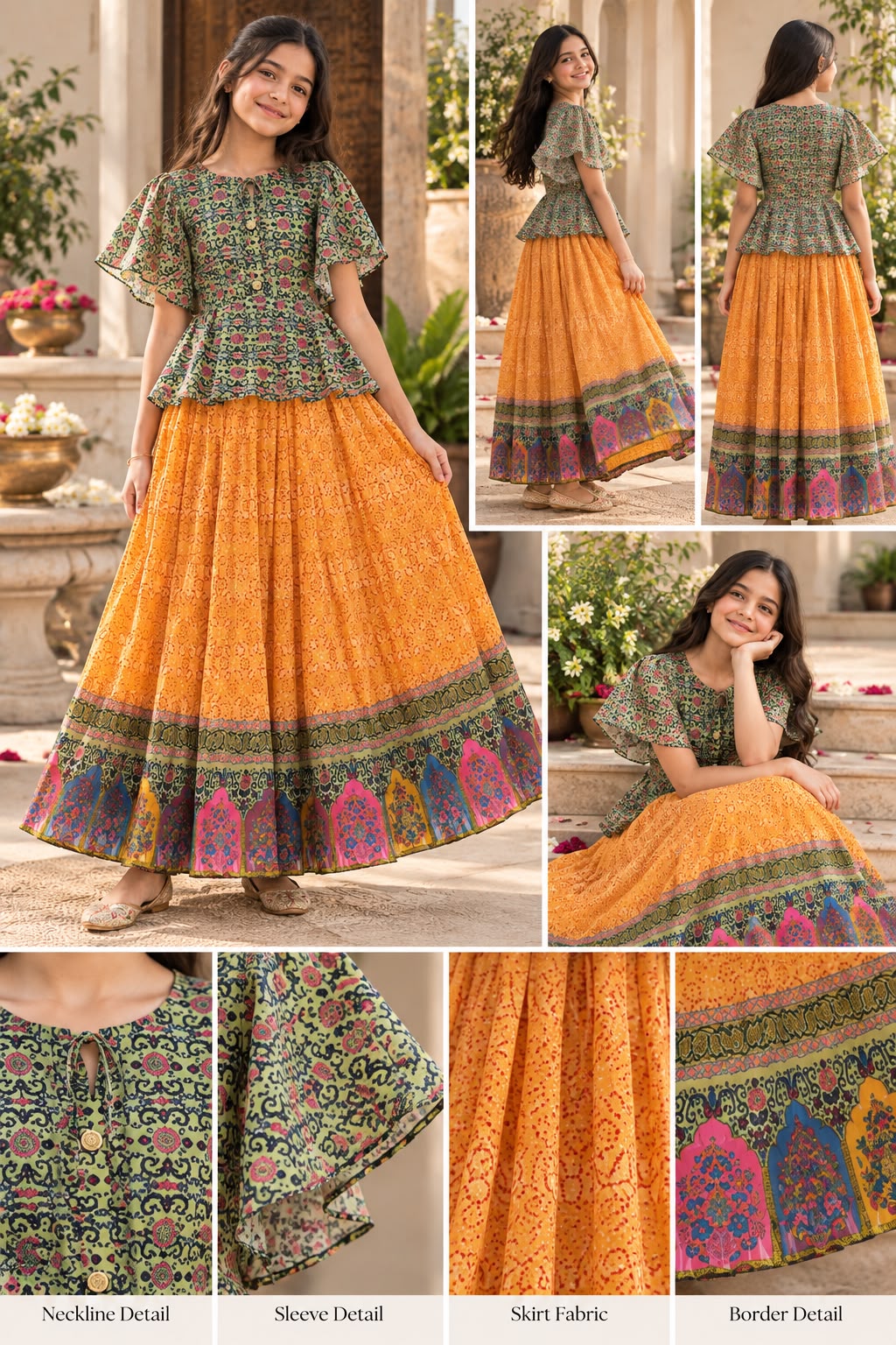 Girls Green & Yellow Printed Top & Flared Skirt Set (9-12Y)