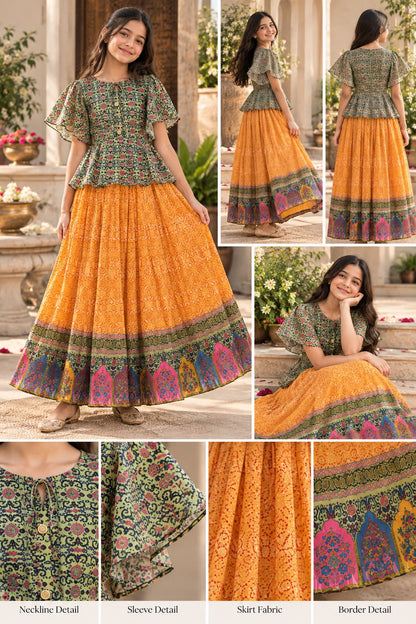 Girls Green & Yellow Printed Top & Flared Skirt Set (9-12Y)